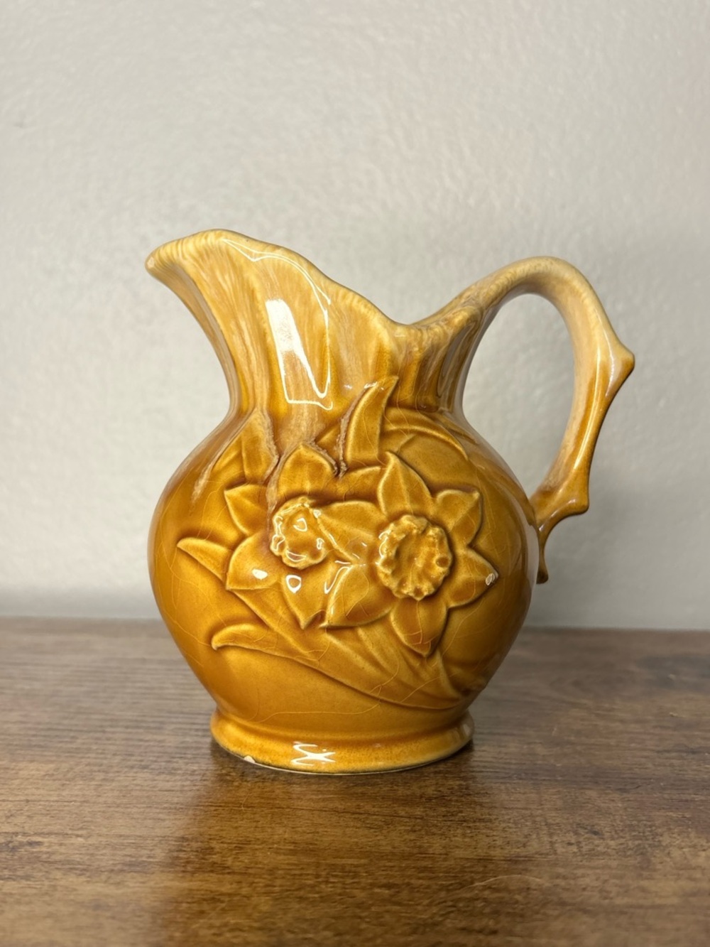 Vintage Mustard Yellow Ceramic Pitcher with Daffodil Relief